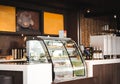 Cake Display Fridges on Deli or Coffee Shop. Restaurant Interior Concept.