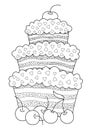 Cake doodle coloring book page. Antistress for adults.