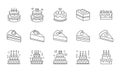 Cake doodle illustration including icons - pie, slice, bakery, sweets, easter, piece, fruits. Thin line art about