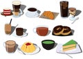 Cake and drink dessert and beverage vector illustration set