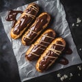 Cake eclairs in chocolate glaze on concrete backgrounds