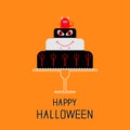 Cake with evil, trident, pumpkin and bat. Happy Halloween. Black background. Flat design Royalty Free Stock Photo