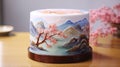 Cherry Blossom Cake With Mountain Scene - Nature-inspired Precision Painting