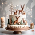 A cake featuring fondant or marzipan cutouts of minimalist forest animals like deer, rabbits, and owls. ai generative