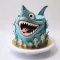 Shark-themed Cake With Teeth: Dark Cyan And Light Beige Cartoonish Design