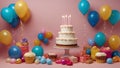 cake with five lit candles, yellow and blue balloons, gifts on a pink background Royalty Free Stock Photo