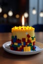 Cake in the form of a Lego constructor, greeting card for a child's birthday. generativ ai