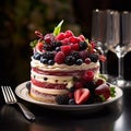 Cake with fresh berries on a black background. Selective focus. Layered berry cake with cream on a plate
