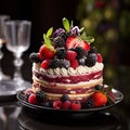 Cake with fresh berries on a black background. Selective focus. Layered berry cake with cream on a plate