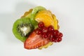 Cake with fresh bio fruit, orange, kiwi, red currant, strawberry, photo view from the top, white background, isolate