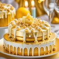 A cake with a gold frosting and a white rose on top Royalty Free Stock Photo