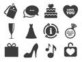 Wedding, engagement icons. Cake, gift box. Vector