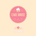 Cake house logo. Baking and bakery emblem. Pink badge with cake and letters.