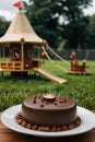 a cake with a house on the top and a model of a house on the top Sweet Playground Chocolate Slide