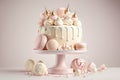 a cake with icing, icing, and candy on a cake stand with a pink background and white icing on the cake