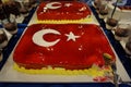 Cake with icing painted Turkish flag, restaurant food concept in the hotel Royalty Free Stock Photo