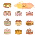 Cake illustration hand drawn vector set.