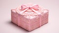 a cake in innovative packaging, showcased inside a robust pink box, captured from an overhead perspective with a white