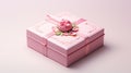 a cake in innovative packaging, showcased inside a robust pink box, captured from an overhead perspective with a white