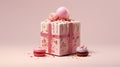 a cake in innovative packaging, showcased inside a robust pink box, captured from an overhead perspective with a white