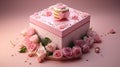 a cake in innovative packaging, showcased inside a robust pink box, captured from an overhead perspective with a white