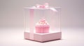 a cake in innovative packaging, showcased inside a robust pink box, captured from an overhead perspective with a white