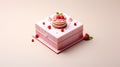 a cake in innovative packaging, showcased inside a robust pink box, captured from an overhead perspective with a white