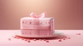 a cake in innovative packaging, showcased inside a robust pink box, captured from an overhead perspective with a white