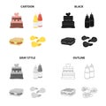 Cake, ketchup and mustard, fast food sandwich, potato chips. Fast food set collection icons in cartoon black monochrome Royalty Free Stock Photo