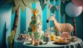 Cake for kids birthday celebration. Jungle animals theme children party. Decorated room for boy or girl kid birthday. Table Royalty Free Stock Photo