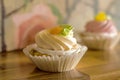 Cake with light yellow cream lying on the table.