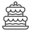 Cake line icon. Birthday party or wedding sweet dessert symbol, outline style pictogram on white background. Bakery shop