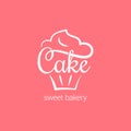 Cake logo of bakery. Cupcake dessert on pink background Royalty Free Stock Photo