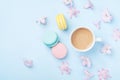 Cake macaron or macaroon, pink flowers and coffee on blue pastel background top view. Creative and fashion composition. Flat lay.