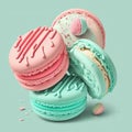 Cake macaron or macaroon stack on mint background, colorful mint and pink almond cookies, pastel colors