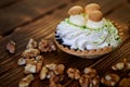 Cake, made in the form of a basket with cream and imitation of mushrooms, lies on a wooden table next to peeled walnuts. Shallow