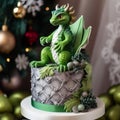 Cake made of mastic in the form of a green dragon. Sweet food decoration for a feast for the holiday Royalty Free Stock Photo