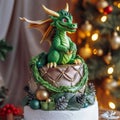 Cake made of mastic in the form of a green dragon. Sweet food decoration for a feast for the holiday Royalty Free Stock Photo