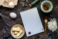 Cake making. Cookies ingredients flour, egg, butter, baking powder Royalty Free Stock Photo