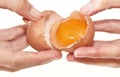 Cake making: Hands opening un egg showing a red yolk inside with a white background. Close-up photo. Rome, Italy, first of may Royalty Free Stock Photo