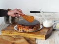 Cake making process. Women is hands are icing the homemade cake Enchantress