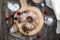 Cake. Marble cake cup of coffee powder sugar kitchen vintage utensil and fresh fruit berries Royalty Free Stock Photo