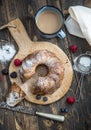 Cake. Marble cake cup of coffee powder sugar kitchen vintage utensil and fresh fruit berries Royalty Free Stock Photo