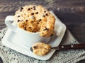 Cake in mug with peanut butter and chocolate chips Royalty Free Stock Photo