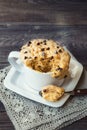 Cake in mug with peanut butter and chocolate chips Royalty Free Stock Photo