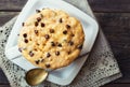 Cake in mug with peanut butter and chocolate chips Royalty Free Stock Photo