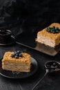 cake napoleon with blue blueberries and tea cup Royalty Free Stock Photo