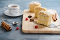 Cake Napoleon, puff pastry, vanilla slice or custard slice, garnished with cranberry