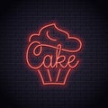 Cake neon logo of bakery. Cupcake dessert neon