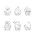 Cake outline illustration. Different cakes set. Delicious and sweet food for celebrations sketch. Muffin set illustration Royalty Free Stock Photo